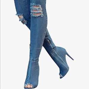 Jeans/Denim thigh high open toe boot. Size 40